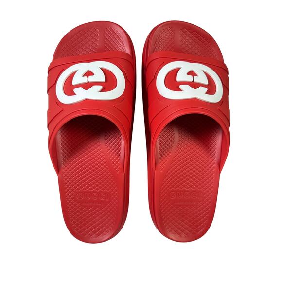 NIB Gucci Rubber Slide Sandals Red with White GG Logo UK10 US10.5 - Picture 4 of 11